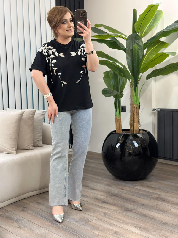 Yaprak Varak Boncuklu Pamuk Penye Tshirt SİYAH-23MeUST00142