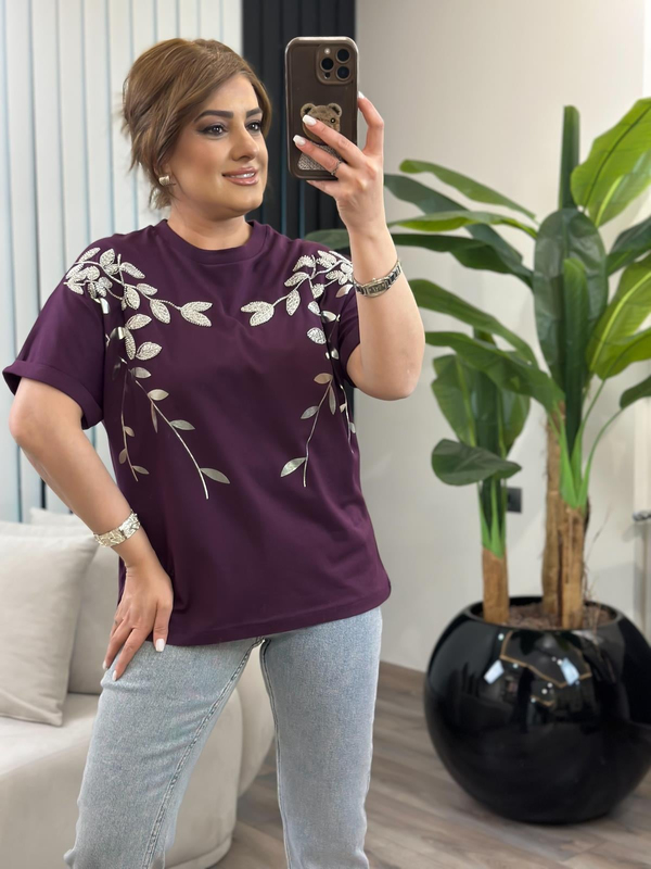 Yaprak Varak Boncuklu Pamuk Penye Tshirt MÜRDÜM-23MeUST00142