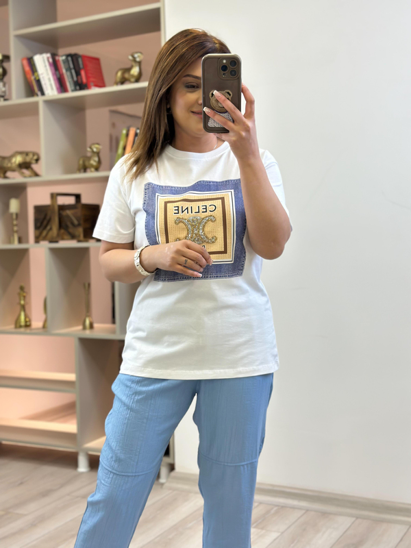 Yazı Baskılı Kot Detaylı Tshirt BEYAZ-23YUST000224