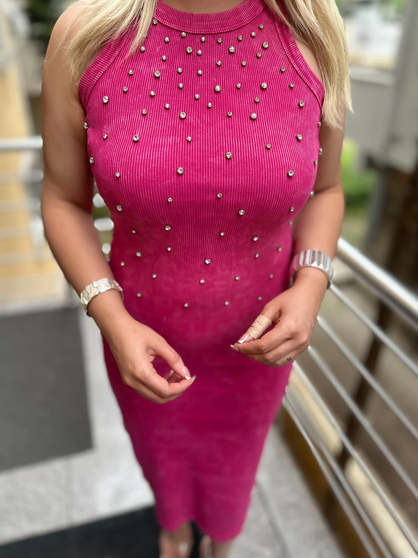 Yıkamalı Taşlı Elbise FUŞYA-23YELB000105
