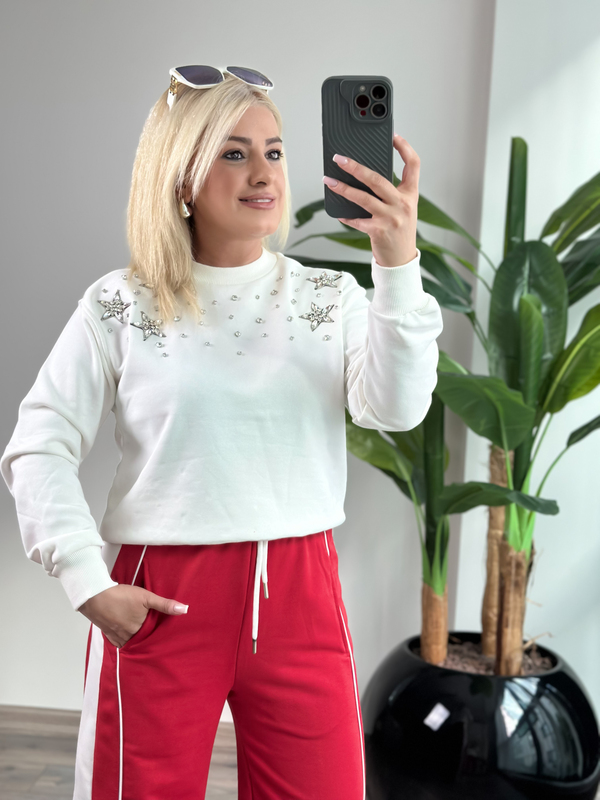 Yıldız Serpme Taş Detaylı Sweatshirt BEYAZ-23KUST000148
