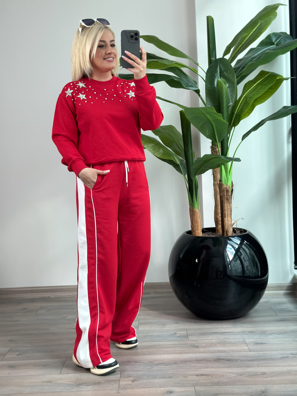 Yıldız Serpme Taş Detaylı Sweatshirt KIRMIZI-23KUST000148
