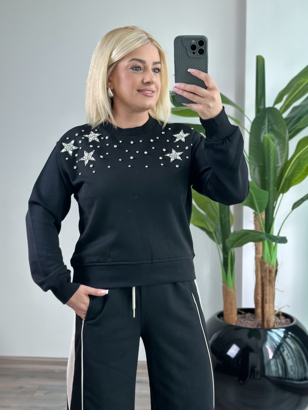 Yıldız Serpme Taş Detaylı Sweatshirt SİYAH-23KUST000148
