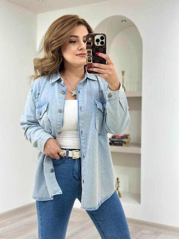 Yırtıklı Gabardin Gömlek BUZ MAVİ-23KYeni00055