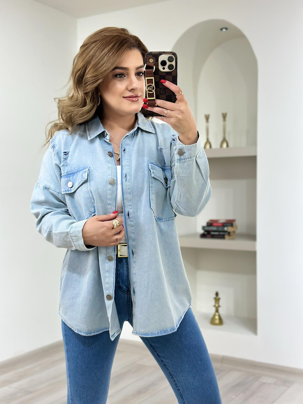 Yırtıklı Gabardin Gömlek BUZ MAVİ-23KYeni00055