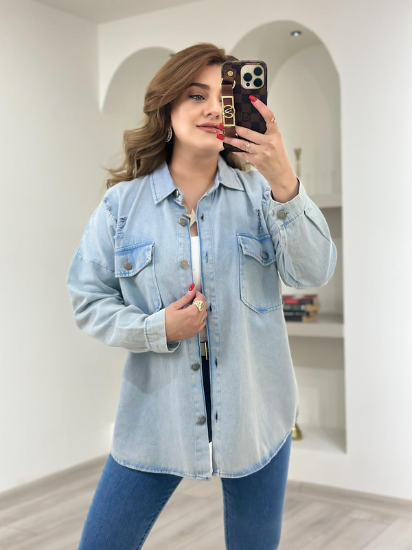 Yırtıklı Gabardin Gömlek BUZ MAVİ-23KYeni00055