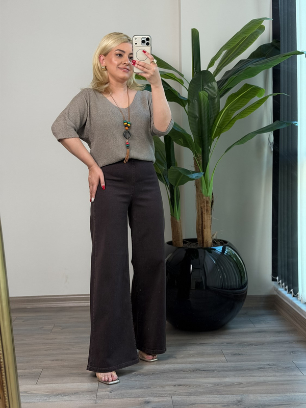 Yüksek Bel Beli Lastikli Plazzo Kot Pantolon KAHVE-23MeALT00130