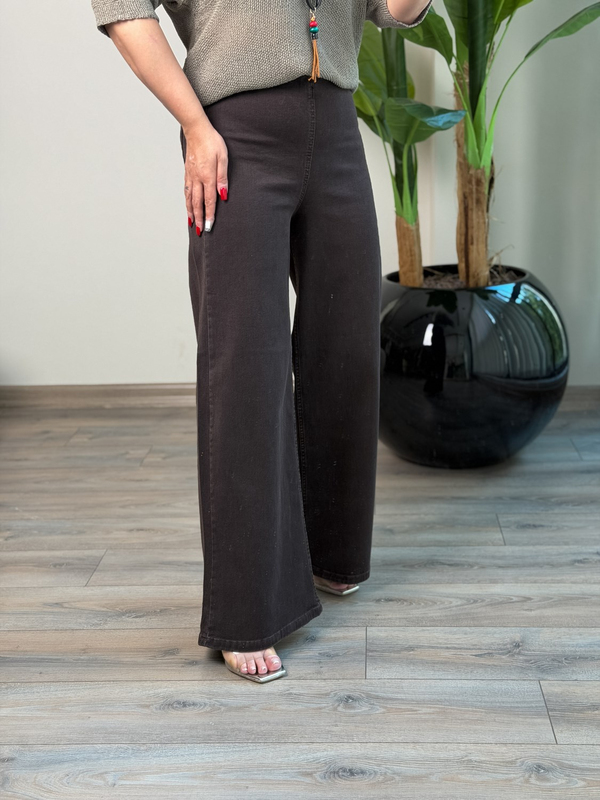 Yüksek Bel Beli Lastikli Plazzo Kot Pantolon KAHVE-23MeALT00130