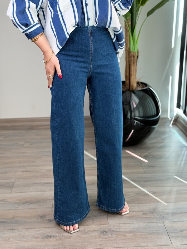 Yüksek Bel Beli Lastikli Plazzo Kot Pantolon LACİVERT-23MeALT00130