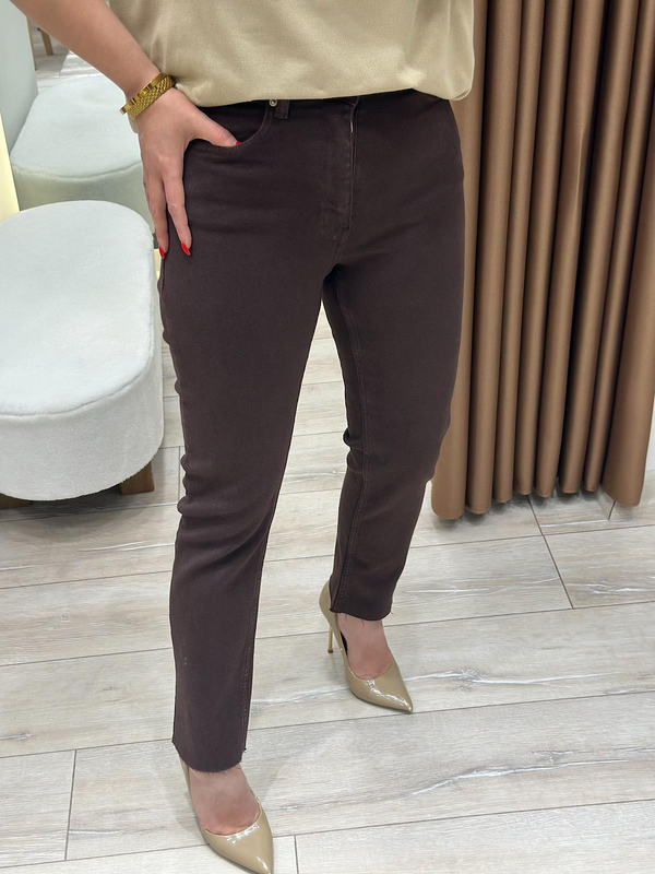 Yüksek Bel Likralı Toparlayıcı Paçası Kesik Fit Mom Jean KAHVE-23MeALT00090