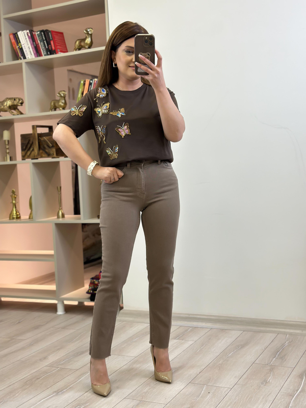 Yüksek Bel Likralı Toparlayıcı Paçası Kesik Fit Mom Jean VİZON-23MeALT00090