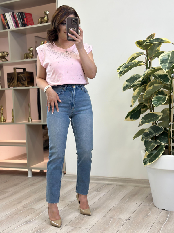 Yüksek Bel Likralı Toparlayıcı Paçası Kesik Fit Mom Jean AÇIK MAVİ-23MeALT00090