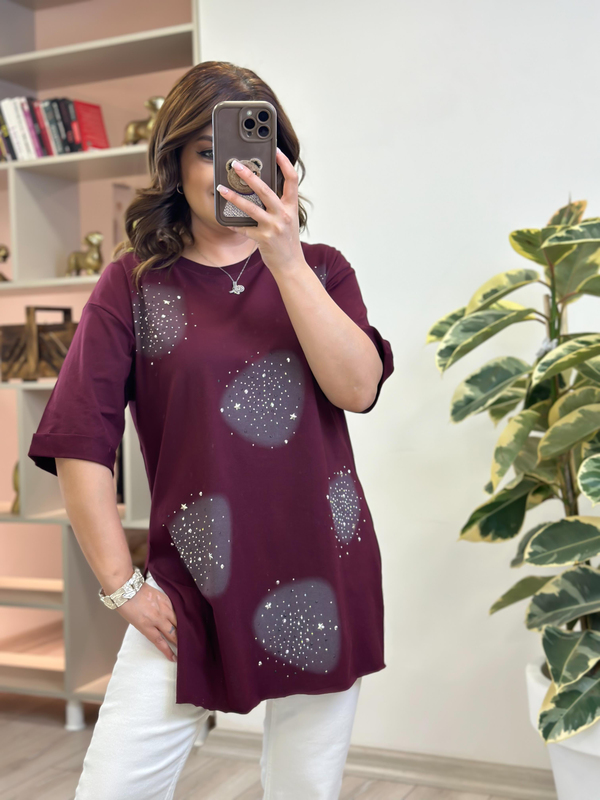 Yuvarlak Taşlı Yanları Yırtmaçlı Tshirt BORDO-23YUST000229