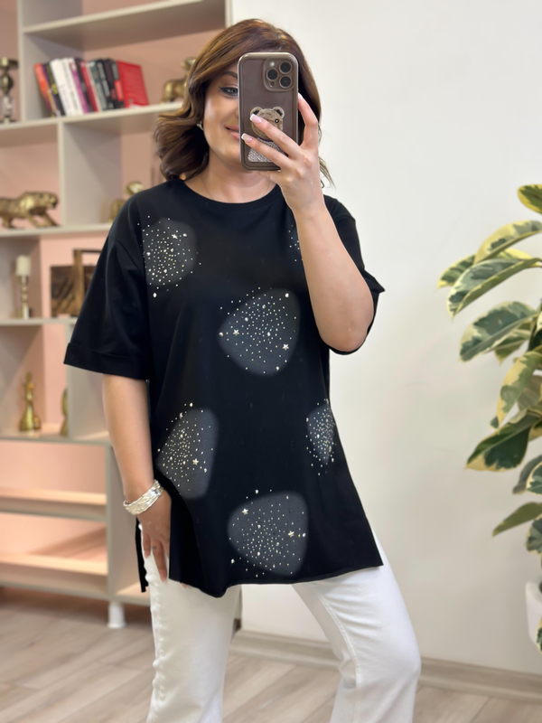 Yuvarlak Taşlı Yanları Yırtmaçlı Tshirt SİYAH-23YUST000229