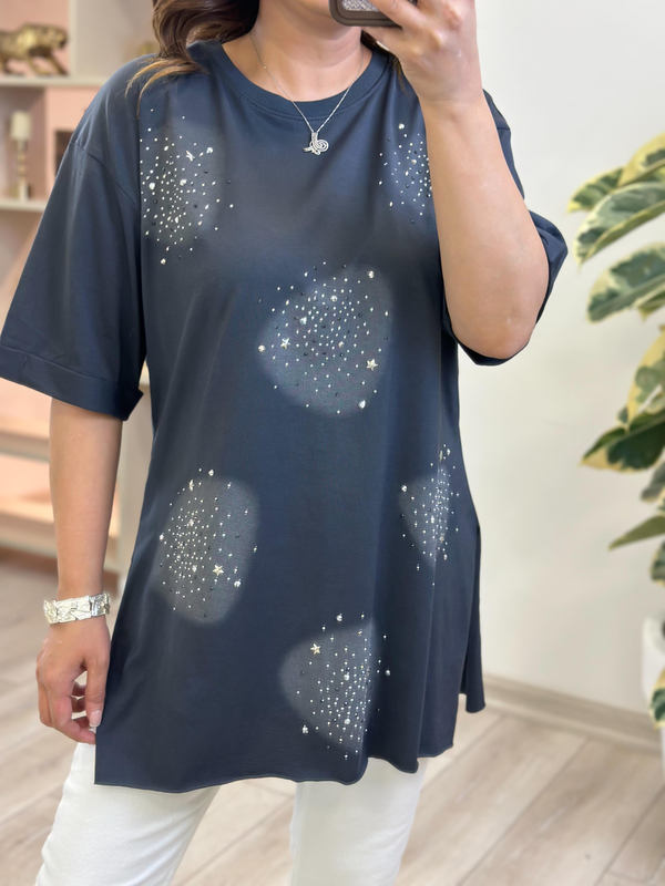 Yuvarlak Taşlı Yanları Yırtmaçlı Tshirt ANTRASİT-23YUST000229