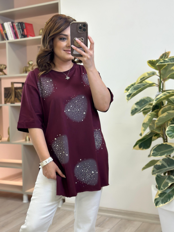 Yuvarlak Taşlı Yanları Yırtmaçlı Tshirt BORDO-23YUST000229
