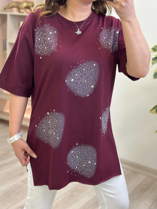 Yuvarlak Taşlı Yanları Yırtmaçlı Tshirt BORDO-23YUST000229