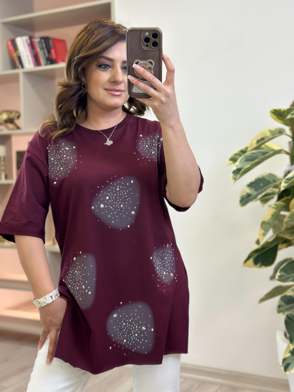 Yuvarlak Taşlı Yanları Yırtmaçlı Tshirt BORDO-23YUST000229
