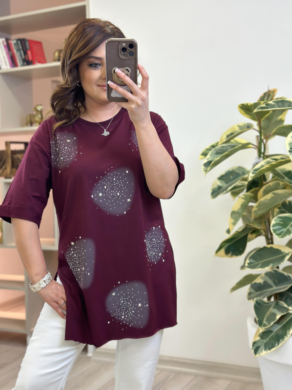 Yuvarlak Taşlı Yanları Yırtmaçlı Tshirt BORDO-23YUST000229