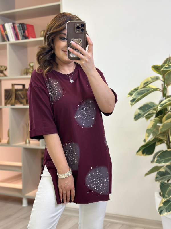 Yuvarlak Taşlı Yanları Yırtmaçlı Tshirt BORDO-23YUST000229