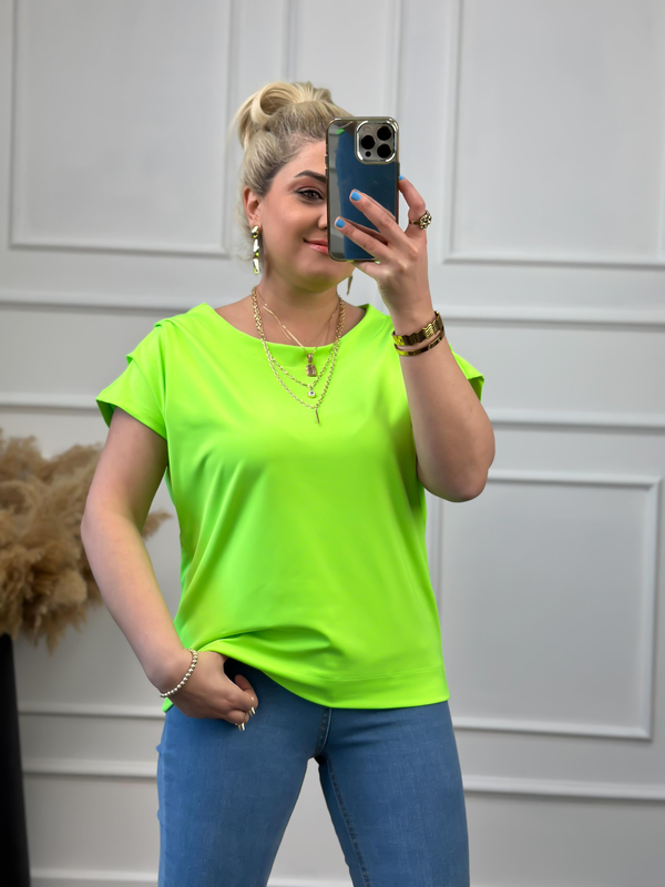 Yuvarlak Yaka Omuzu Drapeli Bluz NEON YEŞİL-23YUST000022
