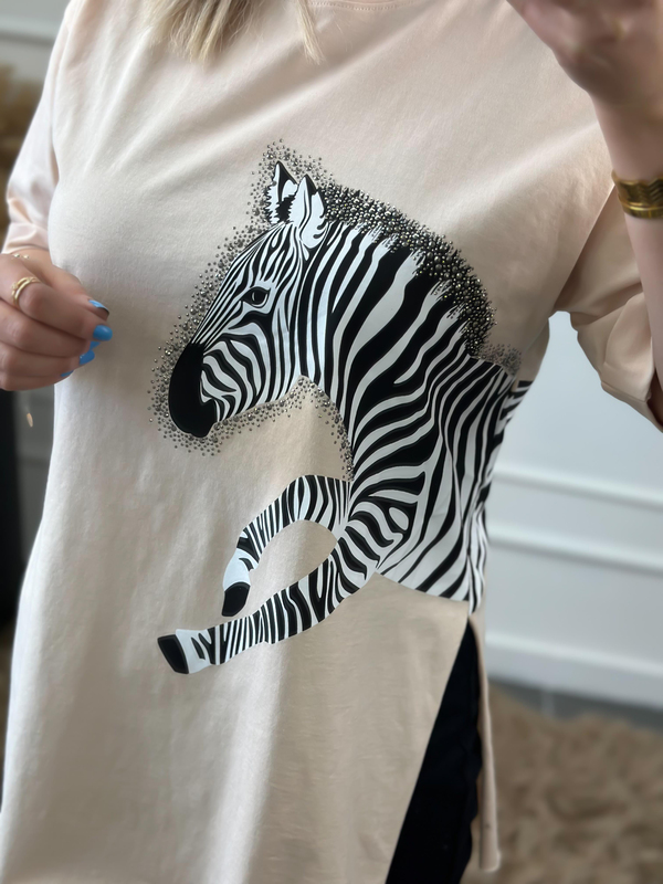 Zebra Desen Bisiklet Yaka Oversize Tshirt BEJ-23YUST000012