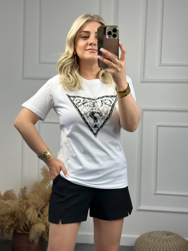 Zincirli Yazı Baskılı Tshirt BEYAZ-23YUST000072