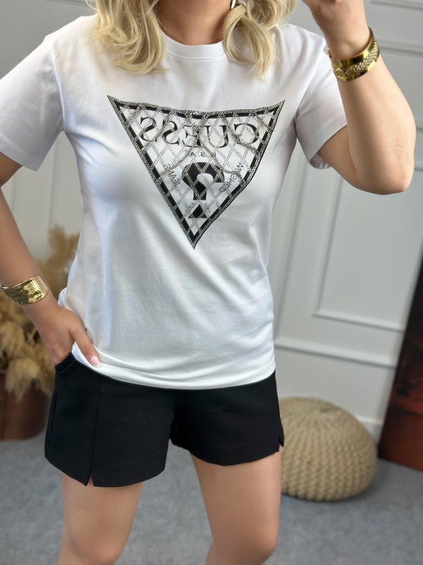 Zincirli Yazı Baskılı Tshirt BEYAZ-23YUST000072