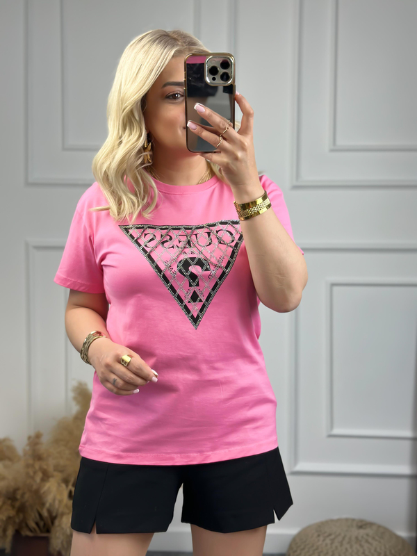Zincirli Yazı Baskılı Tshirt PEMBE-23YUST000072