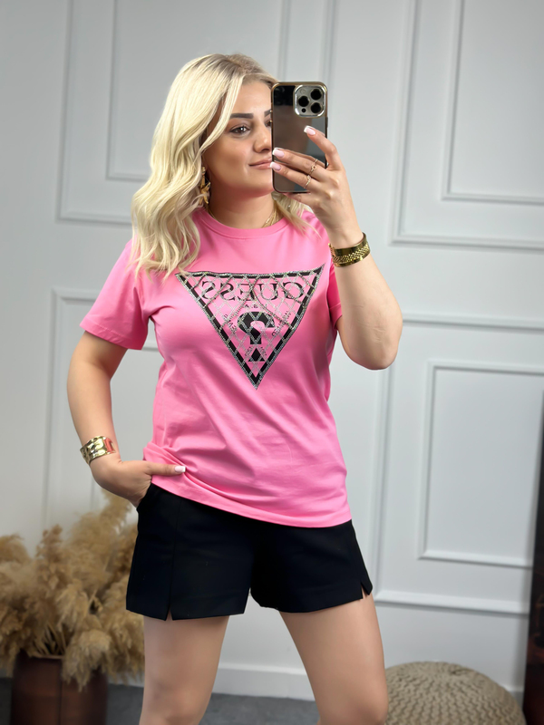 Zincirli Yazı Baskılı Tshirt PEMBE-23YUST000072