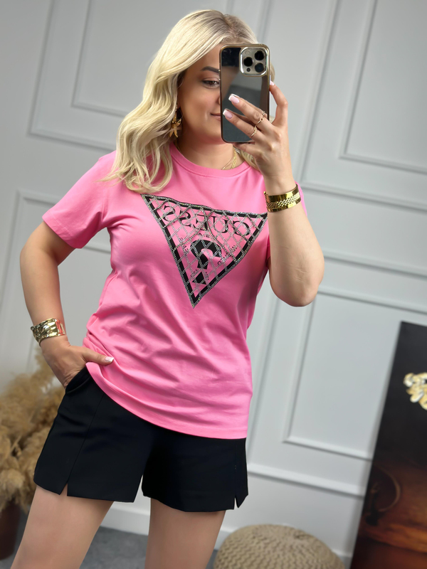 Zincirli Yazı Baskılı Tshirt PEMBE-23YUST000072
