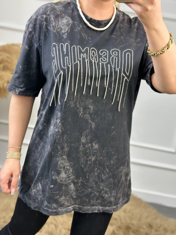 Zincirli Yıkamalı Taşlı Tshirt FÜME-23YUST000057