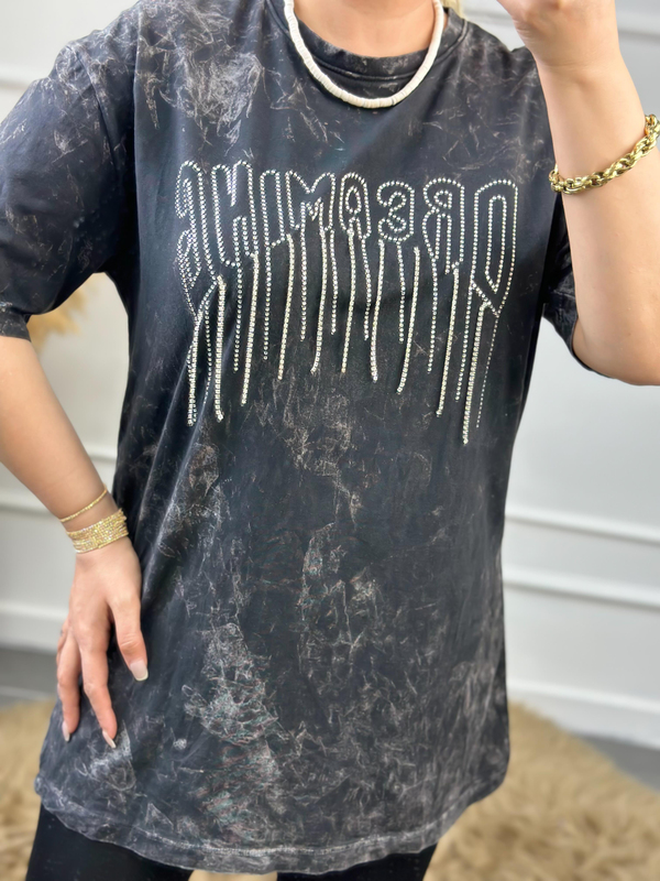 Zincirli Yıkamalı Taşlı Tshirt FÜME-23YUST000057