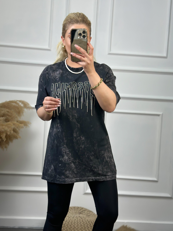 Zincirli Yıkamalı Taşlı Tshirt FÜME-23YUST000057