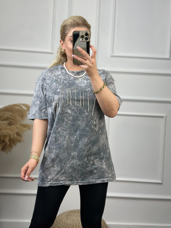 Zincirli Yıkamalı Taşlı Tshirt GRİ-23YUST000057