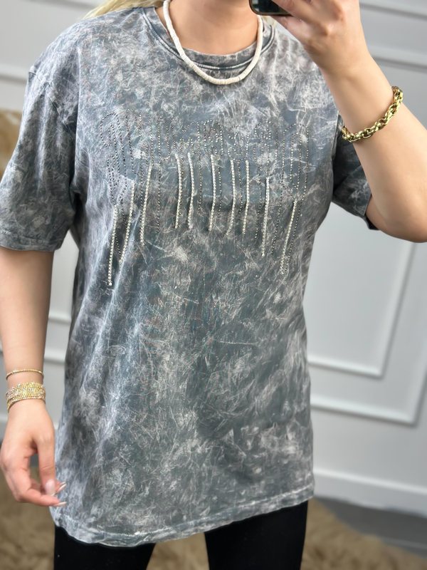 Zincirli Yıkamalı Taşlı Tshirt GRİ-23YUST000057