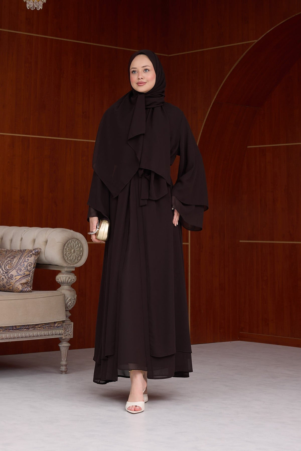 3'lü Eslem Tasarım Abaya Takım ( Abaya-Şal-İçlik ) - Kahverengi