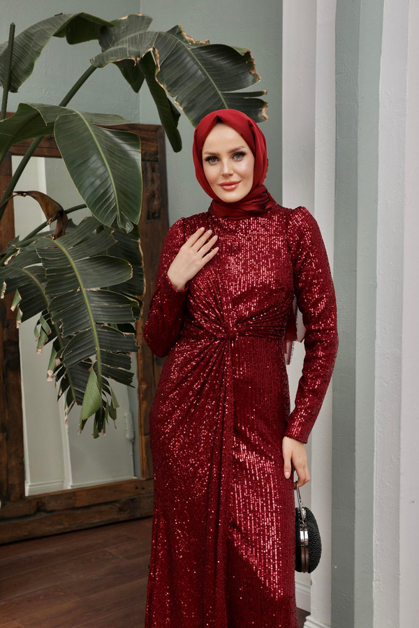 Asil Payetli Abiye - Bordo