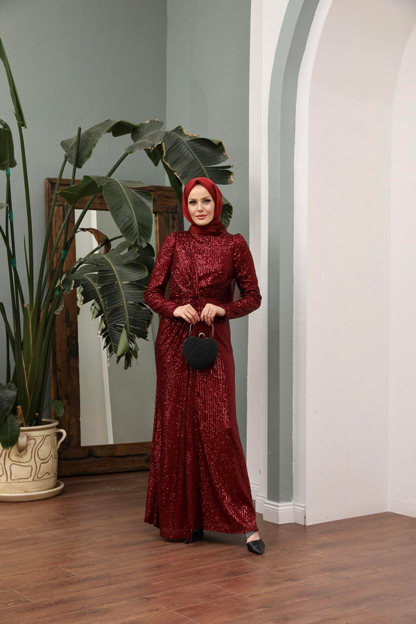 Asil Payetli Abiye - Bordo