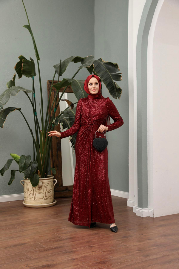 Asil Payetli Abiye - Bordo