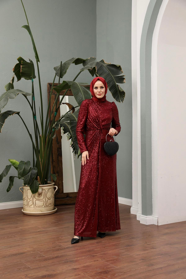 Asil Payetli Abiye - Bordo