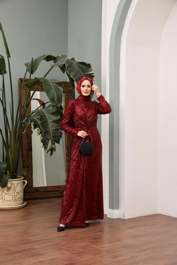 Asil Payetli Abiye - Bordo