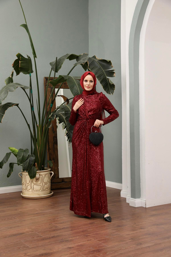 Asil Payetli Abiye - Bordo