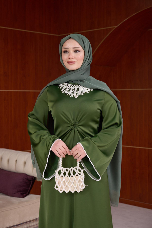 Ayla Yakası İnci İşlemeli Abiye - Haki