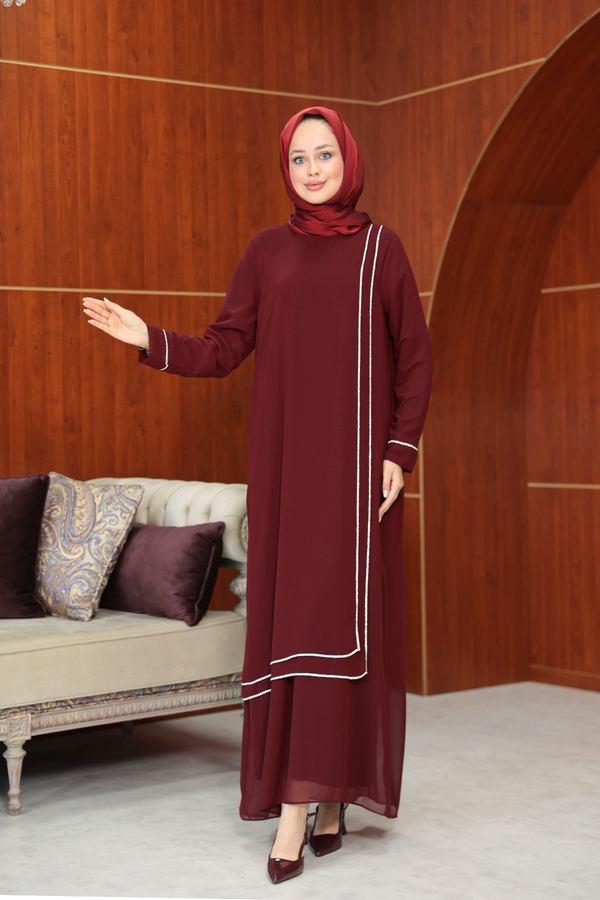 Başak Çizgi Detay Abaya - Bordo