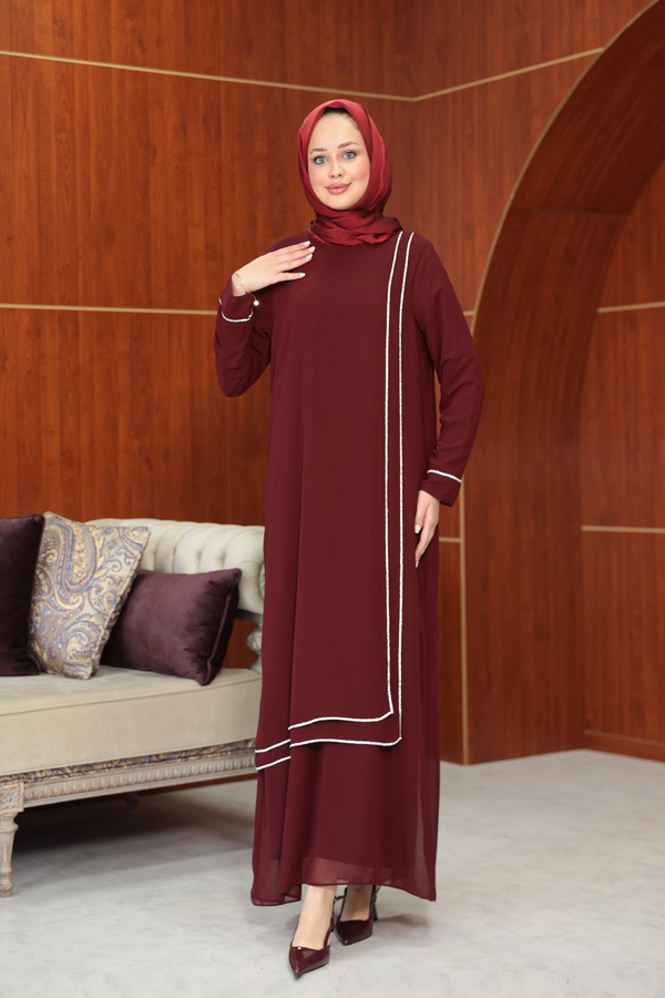 Başak Çizgi Detay Abaya - Bordo