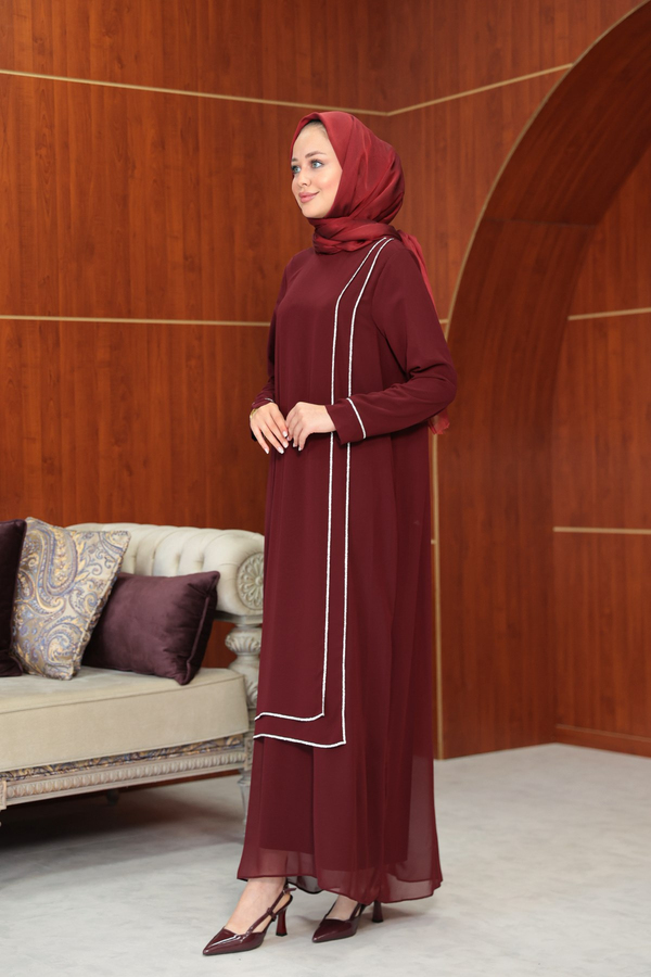 Başak Çizgi Detay Abaya - Bordo