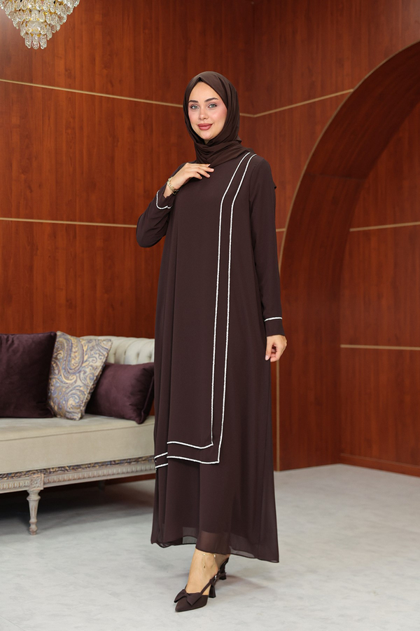 Başak Çizgi Detay Abaya - Kahverengi