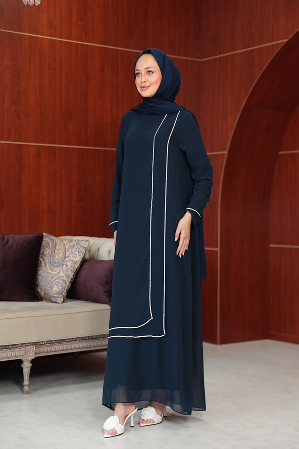 Başak Çizgi Detay Abaya - Lacivert