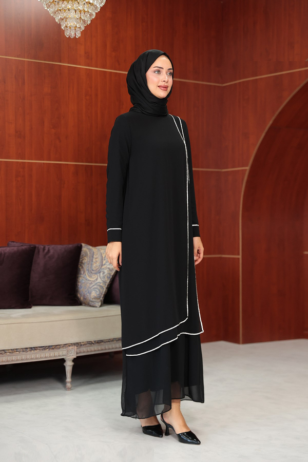 Başak Çizgi Detay Abaya - Siyah
